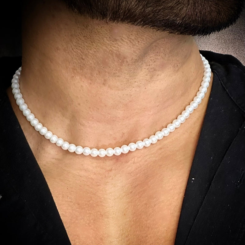 White pearl necklace on sale for men