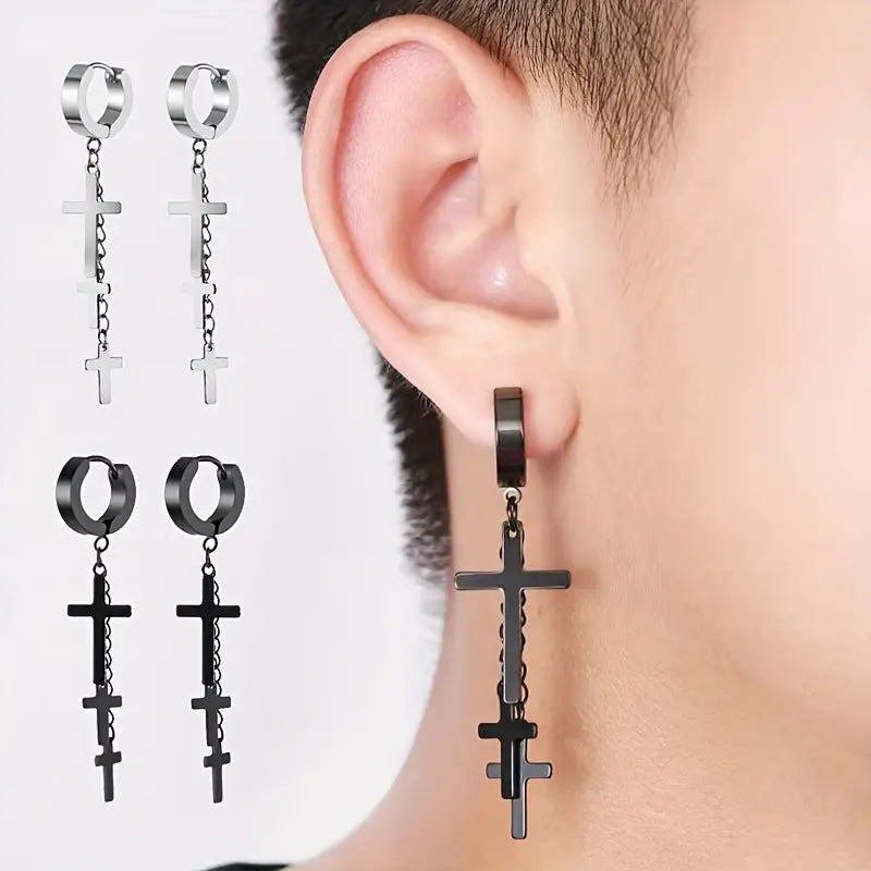 FLARE CROSS SILVER - Titanium Steel Stud Earrings for Men & Boys