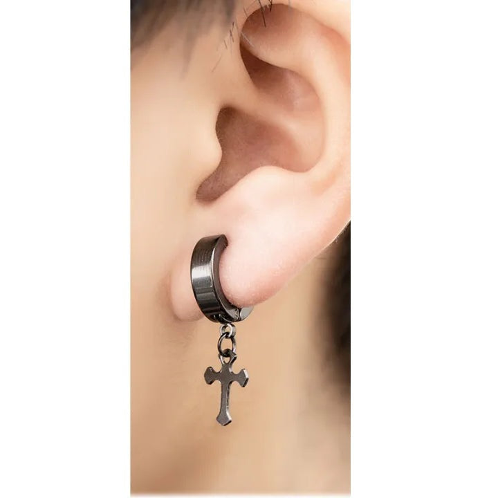 CROSSVIBE BLACK - Pure Titanium Steel Ear Hoop Earrings for Men & Boys