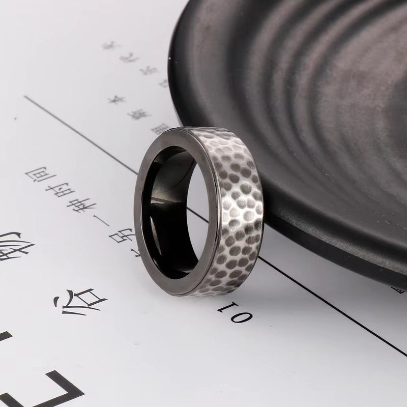 BLACK TITANIUM HAMMERED RING - Silver Ring - Pure Titanium Steel Ring for Men Size - 21