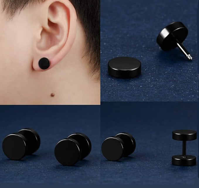 ROUND DUMBBELL - BLACK - Pure Titanium Steel Ear Hoop Earrings for Men & Boys (16mm to 2mm) (1 Pcs)