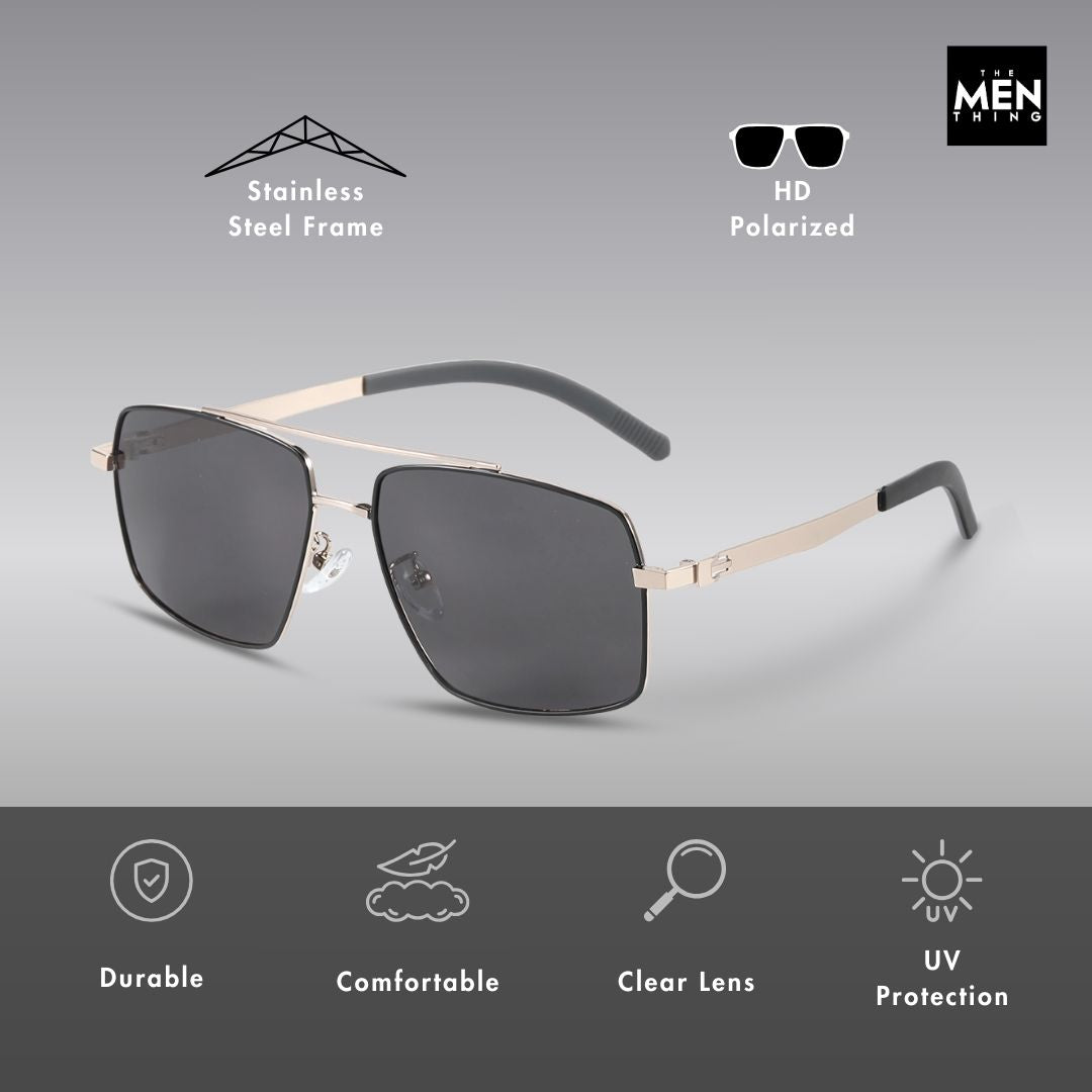 J3348 - VORTEX SHADE - HD Polarised Sunglasses for Men - UV400 Protection, Stainless Steel Frame - Gold Frame with Black Lens