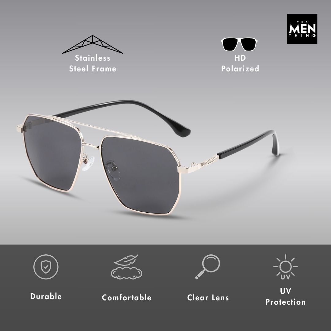 J3337- SPECTRA NOIR- HD Polarised Sunglasses for Men - UV400 Protection, Stainless Steel Frame - Light Gold Frame with Black Lens