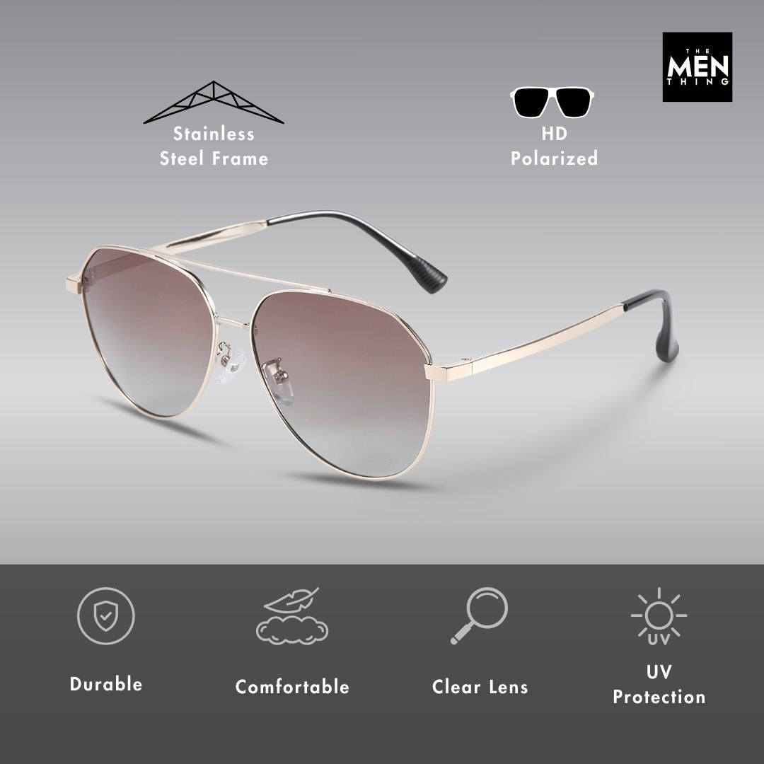 J3352 - AETHER VISION - HD Polarised Sunglasses for Men - UV400 Protection, Stainless Steel Frame - Gold Frame with Gradient Tea Lens