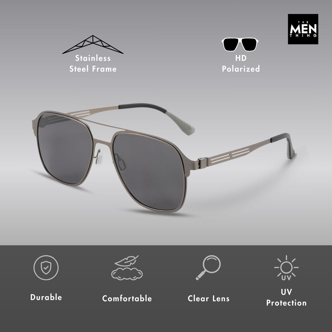 J3362 -JETSETTER VISION - HD Polarised Sunglasses for Men - UV400 Protection, Stainless Steel Frame - Black Frame with Gradient Grey Lens