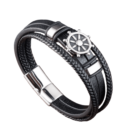 CAPTAIN HELM BLACK - Genuine Leather Braided Bracelet with Stainless Steel Magnetic Buckle for Men & Boys (8 inch)