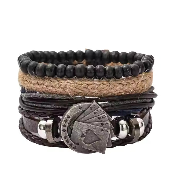 THE GAMBLER’S CUFF - 4 Pcs Genuine Braided Leather Bracelet Set for Men & Boys (8 inch)