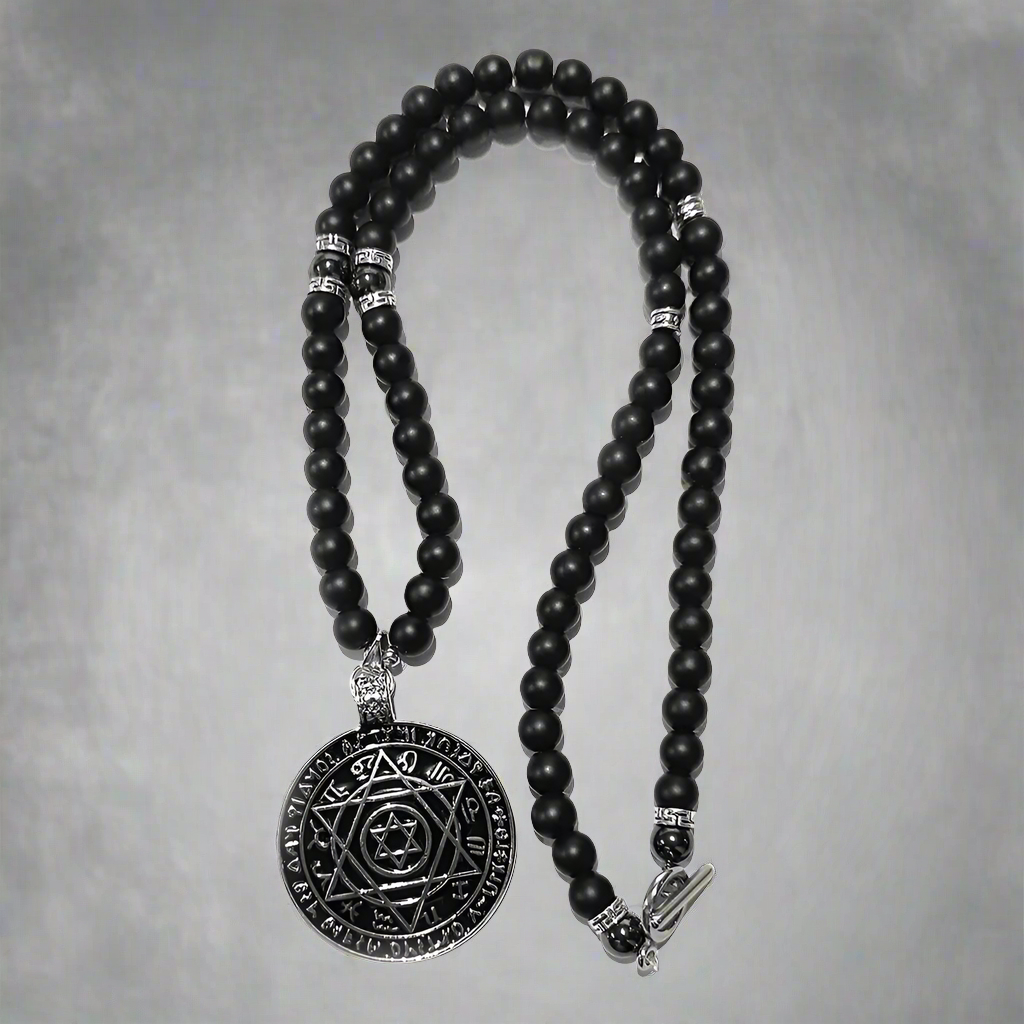 HEXAGRAM - 8mm Black Natural Onyx Beads Necklace for Men & Boys (24 inch)