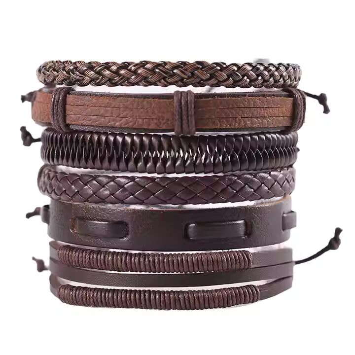 STRING WOVEN - Multi-layer Set Genuine Braided Leather Bracelet Set for Men & Boys (8 inch)