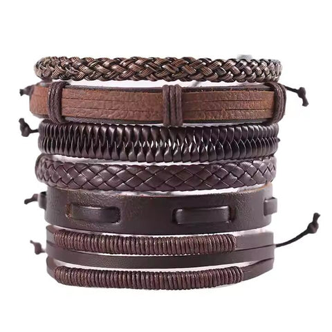 STRING WOVEN - Multi-layer Set Genuine Braided Leather Bracelet Set for Men & Boys (8 inch)