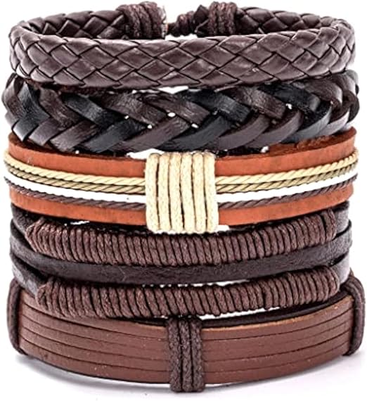 BOUNDEDGE BRACELETS - 5 Pcs Genuine Braided Leather Bracelet Set for Men & Boys (8 inch)