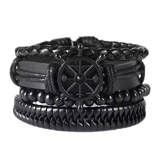 Darkwave Cuff - 4 Pcs Genuine Braided Leather Bracelet Set for Men & Boys (8 inch)