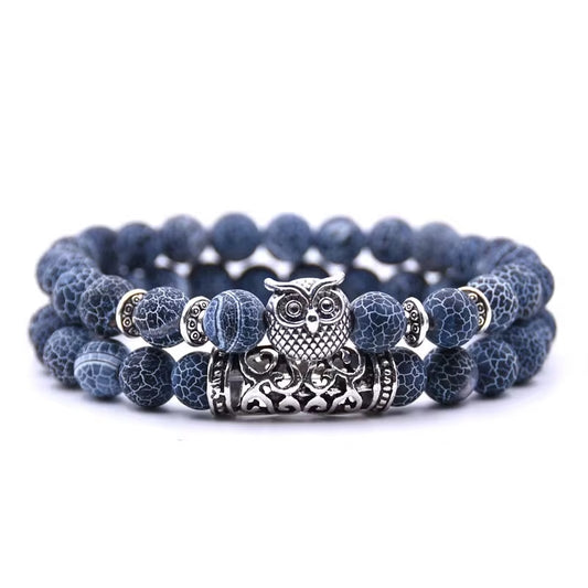 THE MEN THING BLUE ONYX OWL - Natural Beads Alloy Stretch Bracelet for Men and Boys