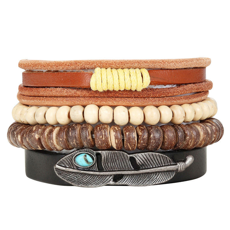 TRIBAL FEATHER STACK -  4 Pcs Genuine Braided Leather Bracelet Set for Men & Boys (8 inch)