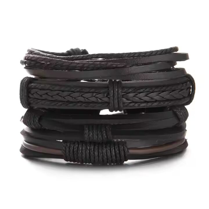 JET BRAIDED -  4 Pcs Genuine Braided Leather Bracelet Set for Men & Boys (8 inch)