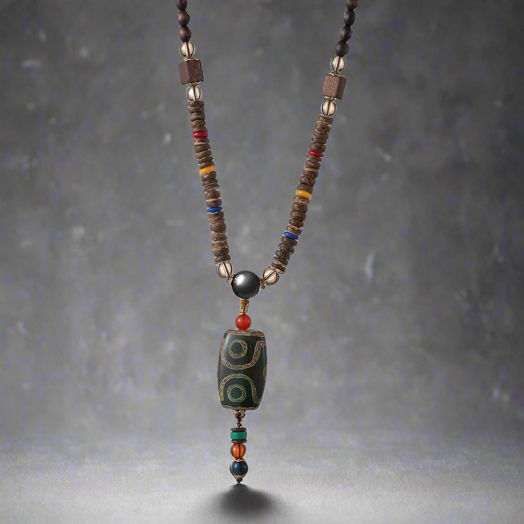 The Men Thing Buddhist Mala Wood Bead Necklace - Green Agate Large Dzi Pendant & Ethnic Long