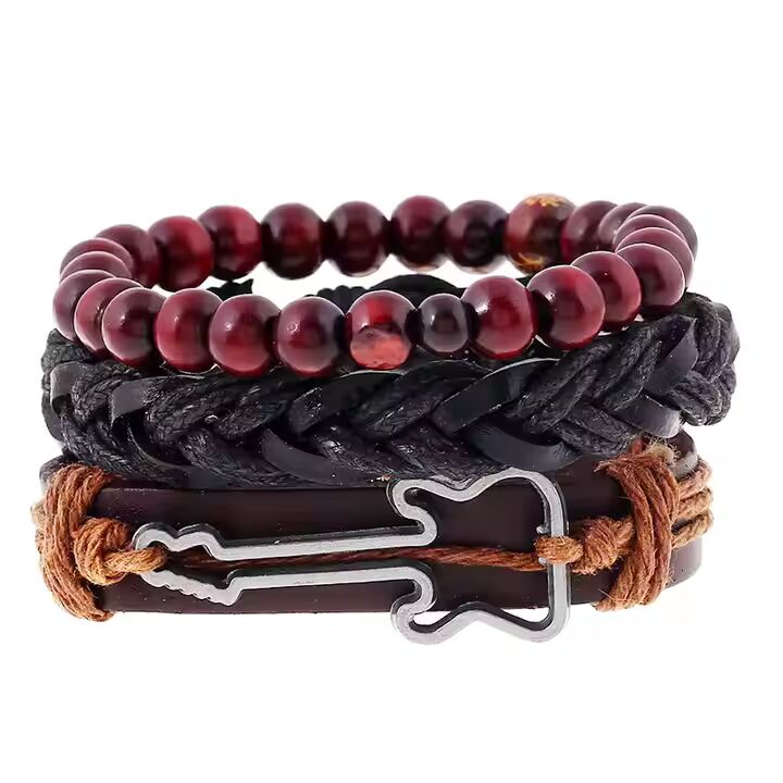 GUITARBOUND -  3 Pcs Genuine Braided Leather Bracelet Set for Men & Boys (8 inch)