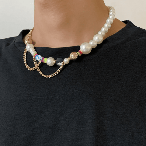 DARE TO WEAR PEARL -  Pearl Necklace for Men - Half Pearl Half Gold Toned Chain Necklace for Mens & Boys (21 inch with adjustable cable chain)