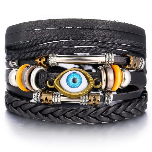 ECLIPSE EYE LEATHER BRACELET - 3 Pcs Genuine Braided Leather Bracelet Set for Men & Boys (8 inch)