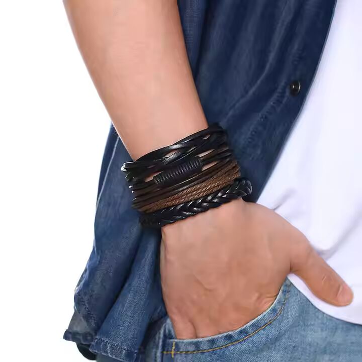 GLADIATOR BAND  - 4 Pcs Genuine Braided Leather Bracelet Set for Men & Boys (8 inch)