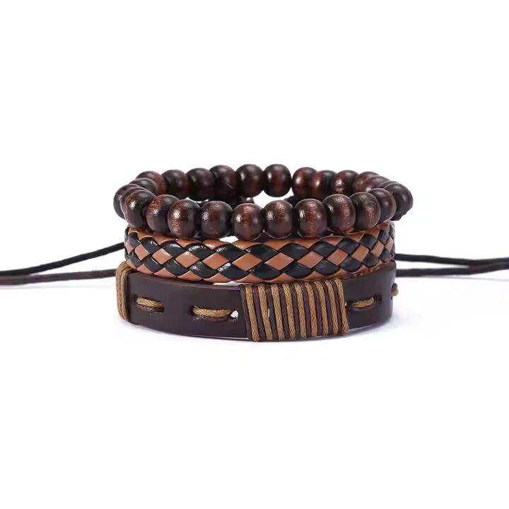 DESERT STORM - 3 Pcs Genuine Braided Leather Bracelet Set for Men & Boys (8 inch)