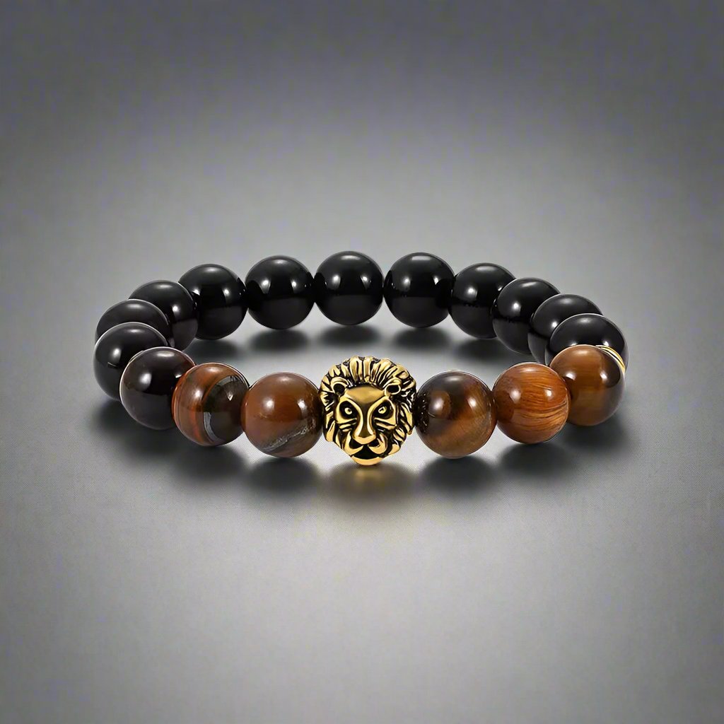 LION HEAD - Natural Beads Alloy Stretch Bracelet for Men and Boys