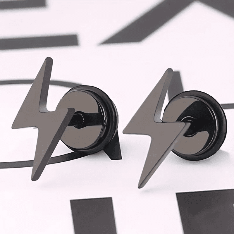 LIGHTNING BOLT BLACK - Pure Titanium Steel Piercing Ear Earrings for Men & Boys