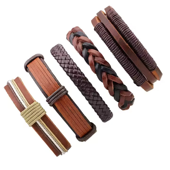 BOUNDEDGE BRACELETS - 5 Pcs Genuine Braided Leather Bracelet Set for Men & Boys (8 inch)