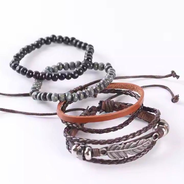 STARDUST CUFF - Multi-layer Set Genuine Braided Leather Bracelet Set for Men & Boys (8 inch)