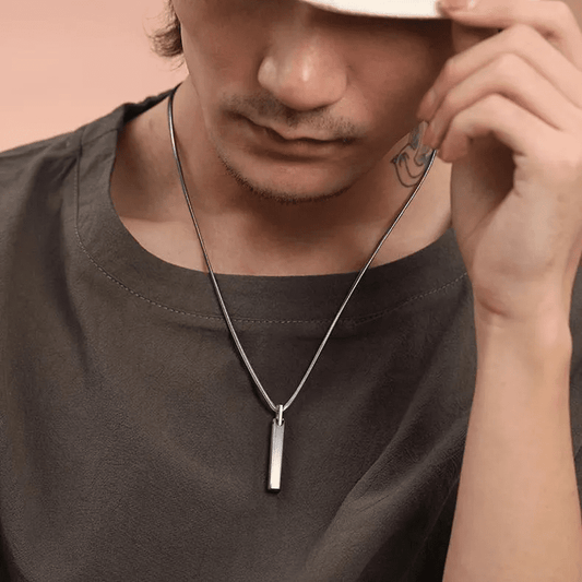 THE MEN THING SLEEK APEX - Pure Titanium Steel Silver Bar Pendant with 24inch Snake Chain for Men & Boys