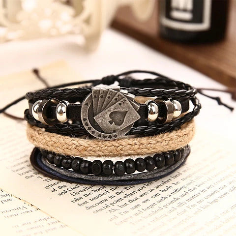 THE GAMBLER’S CUFF - 4 Pcs Genuine Braided Leather Bracelet Set for Men & Boys (8 inch)