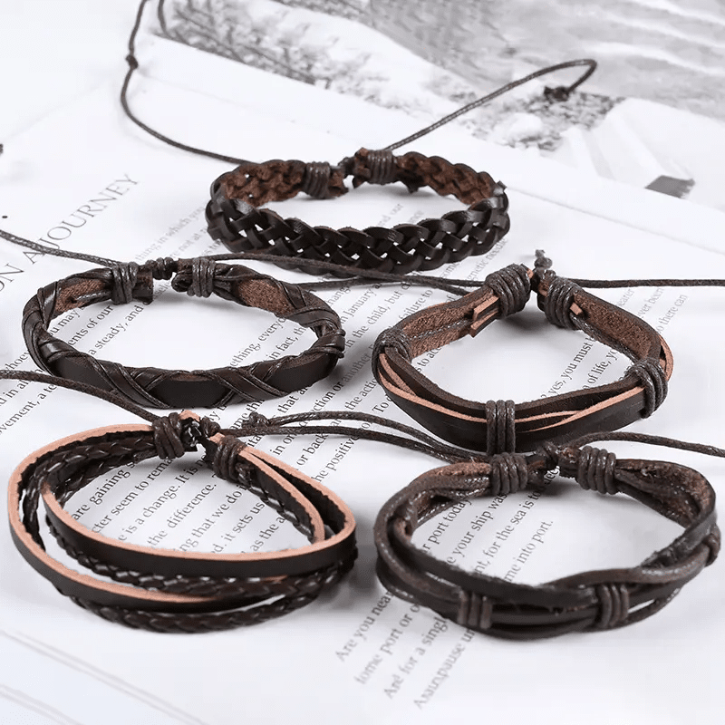 NOMAD KNOTS - 5 Pcs Genuine Braided Leather Bracelet Set for Men & Boys (8 inch)