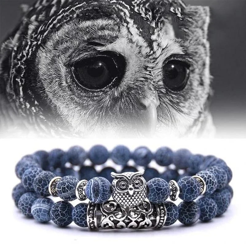 BLUE ONYX OWL - Natural Beads Alloy Stretch Bracelet for Men and Boys