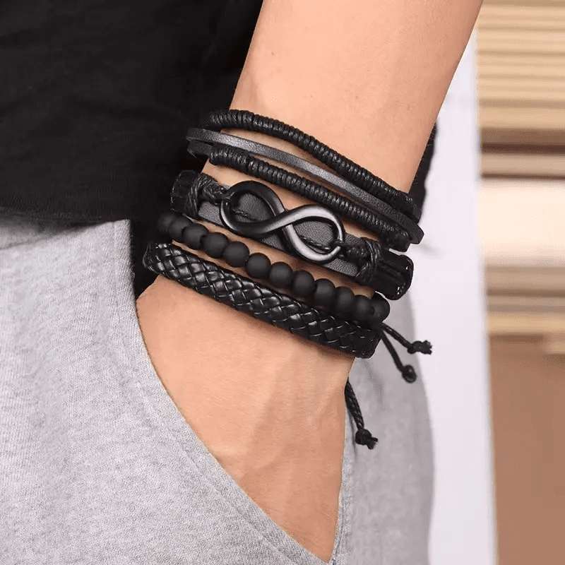 Quadra-Fusion Infinity Black - Leather Bracelet For Men 4Pcs Black Genuine Braided Set Tribal Woven
