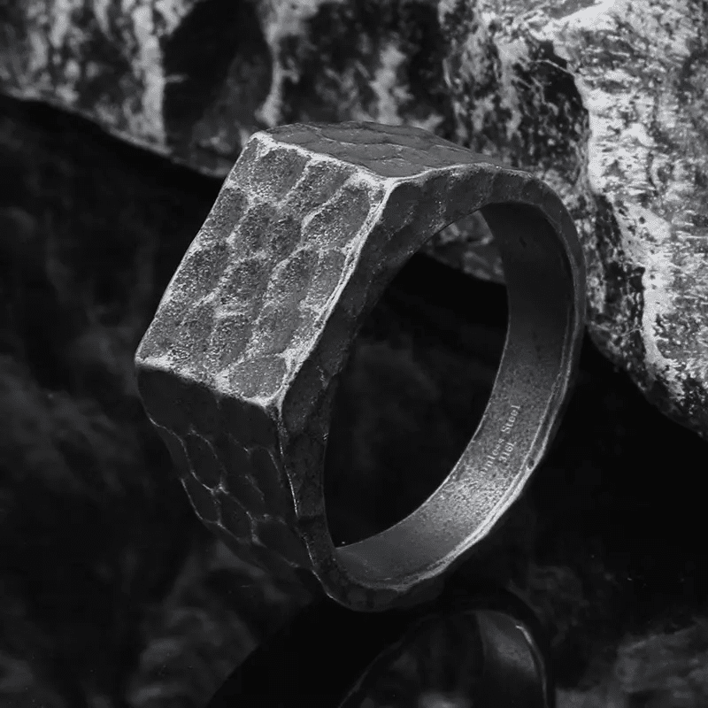 WARLORD BLACK HAMMERED RING - Black Titanium Steel Ring - Pure Titanium Steel Ring for Men Size - 21