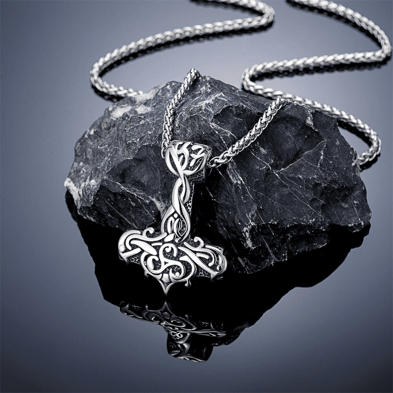 VIKING RUNES THOR HAMMER SILVER  - Pure Titanium Steel Necklace with 24 inch Chain for Men & Boys