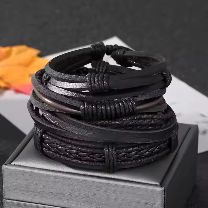 JET BRAIDED -  4 Pcs Genuine Braided Leather Bracelet Set for Men & Boys (8 inch)