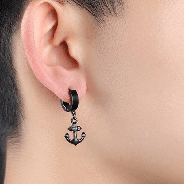 AQUALOCK ANCHOR BLACK - Pure Titanium Steel Ear Hoop Earrings for Men & Boys