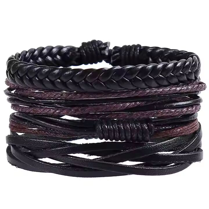 GLADIATOR BAND  - 4 Pcs Genuine Braided Leather Bracelet Set for Men & Boys (8 inch)