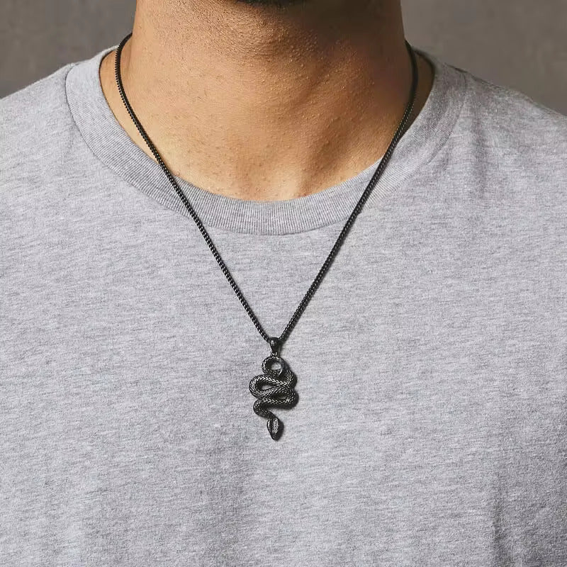 BLACK GUARDIAN SNAKE - Pure Titanium Steel Pendant with 24inch Round Box Chain for Men & Boys