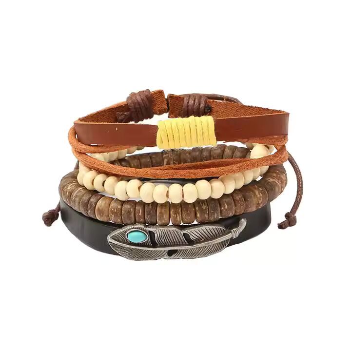 TRIBAL FEATHER STACK -  4 Pcs Genuine Braided Leather Bracelet Set for Men & Boys (8 inch)