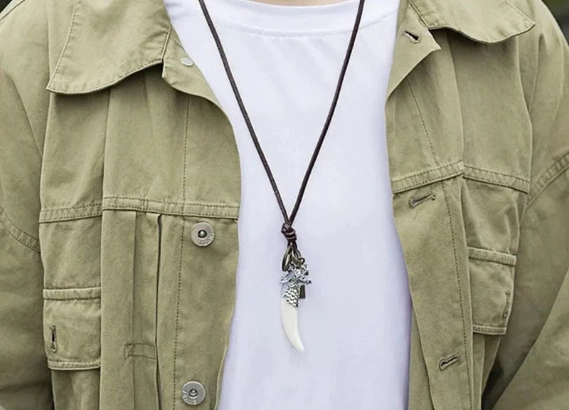 White Wolf Tooth - Leather Necklace For Men Vintage Pendant With Adjustable Pure Cord & Boys