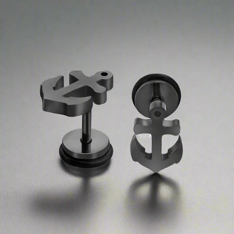 ANCLA ANCHOR BLACK - Pure Titanium Steel Piercing Ear Earrings for Men & Boys