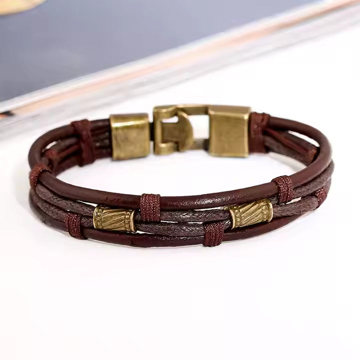 WANDERER’S CUFF - Vintage Brown Genuine Braided Leather Bracelet Set for Men & Boys (8 inch)