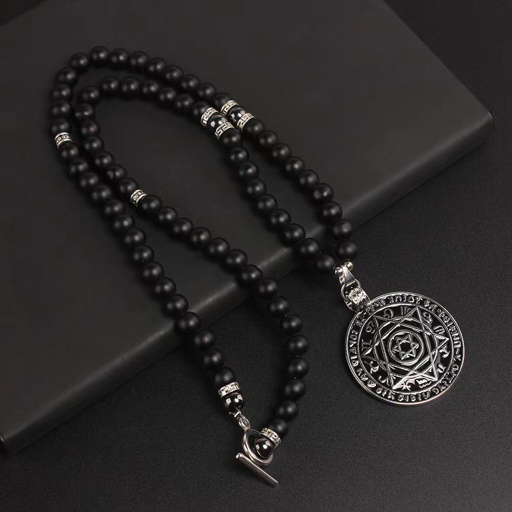 HEXAGRAM - 8mm Black Natural Onyx Beads Necklace for Men & Boys (24 inch)