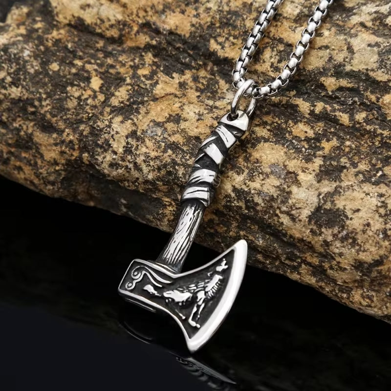 FOXY AXE  (T) - Pure Titanium Steel Pendant with Stainless Steel 24inch Round Box Chain, European trending Style for Men & Boy