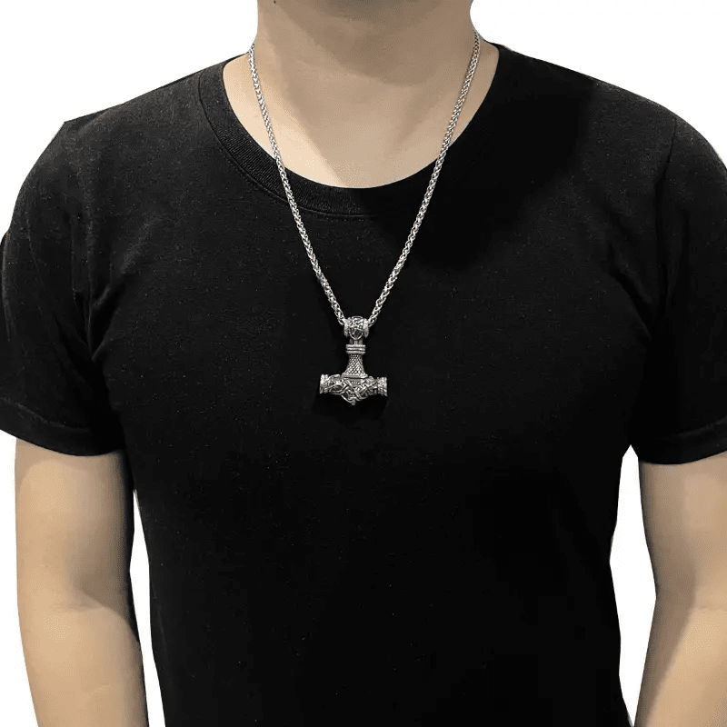 VIKING NORSE GOD HAMMER SILVER  - Pure Titanium Steel Necklace with 24 inch Chain for Men & Boys