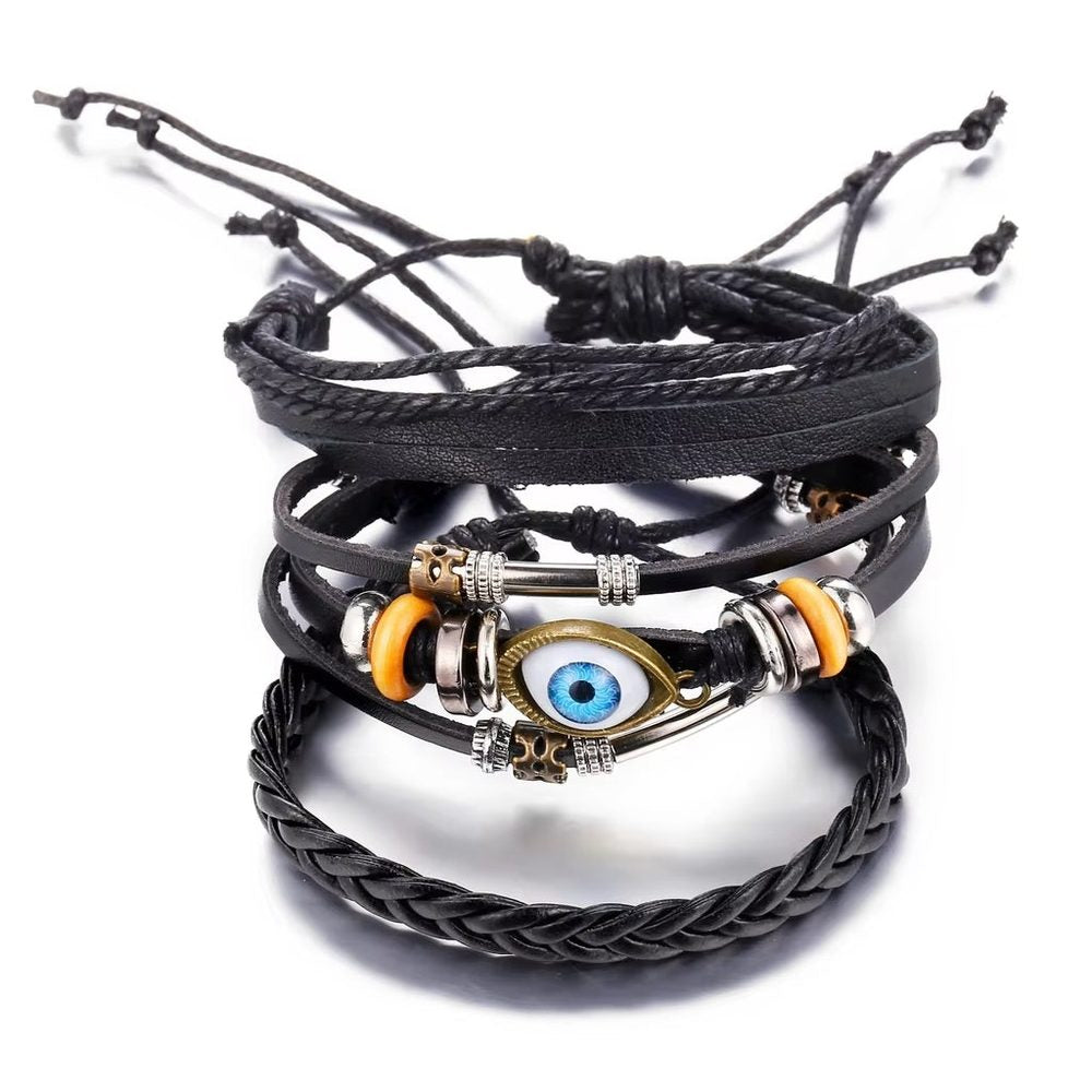 ECLIPSE EYE LEATHER BRACELET - 3 Pcs Genuine Braided Leather Bracelet Set for Men & Boys (8 inch)