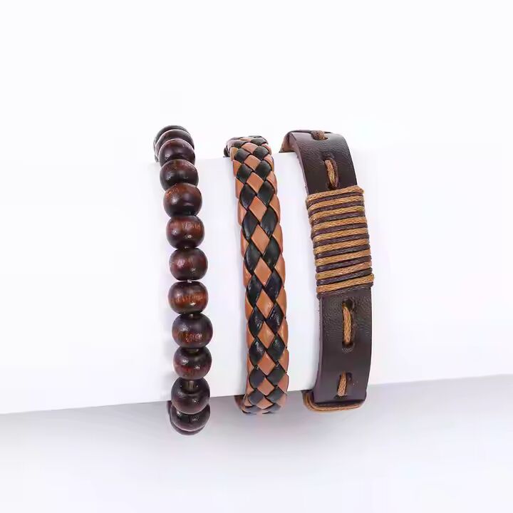 DESERT STORM - 3 Pcs Genuine Braided Leather Bracelet Set for Men & Boys (8 inch)