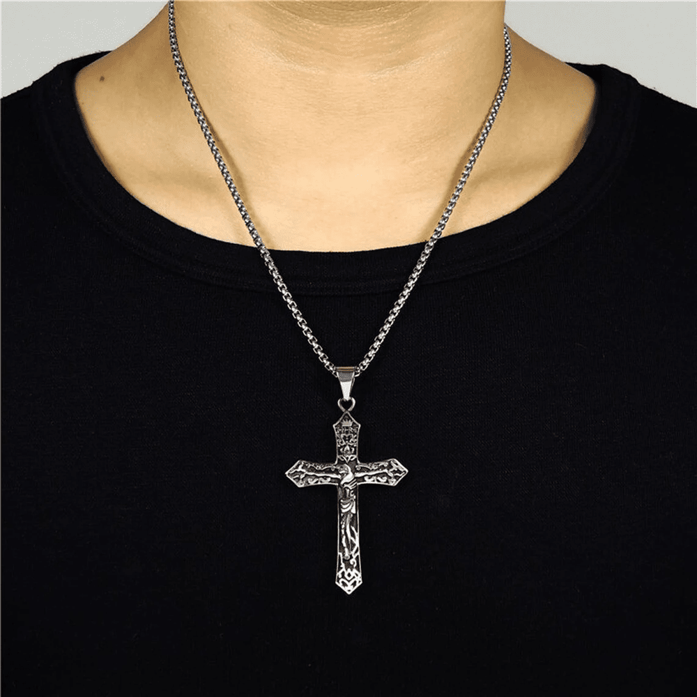 FAITHCROSS (T) - Pure Titanium Steel Pendant with Stainless Steel 24inch Round Box Chain, European trending Style for Men & Boy